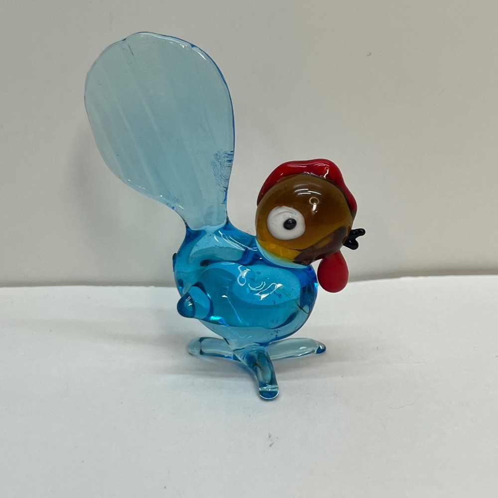 Miniature Art Glass Rooster Figurine Blue Translucent Hand Blown Bird 2.75"